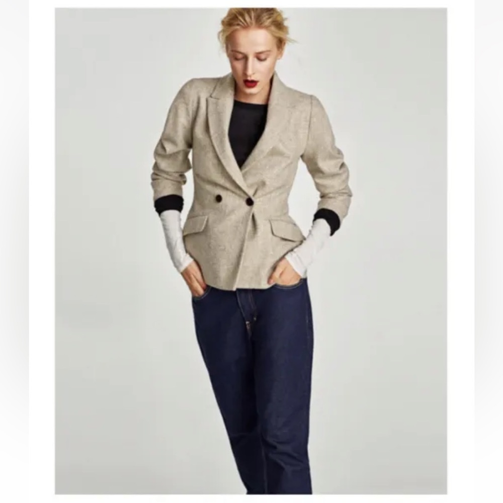 ZARA WOMEN’S PUFF SLEEVES WOOL CREAM BLAZER SIZE S.